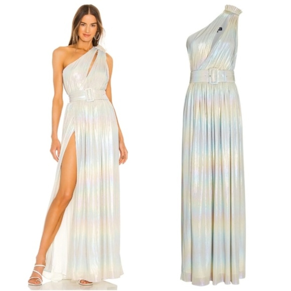 Retrofete Andrea Maxi Dress NWT Size Medium White Gold Multicolor Belted Slit
